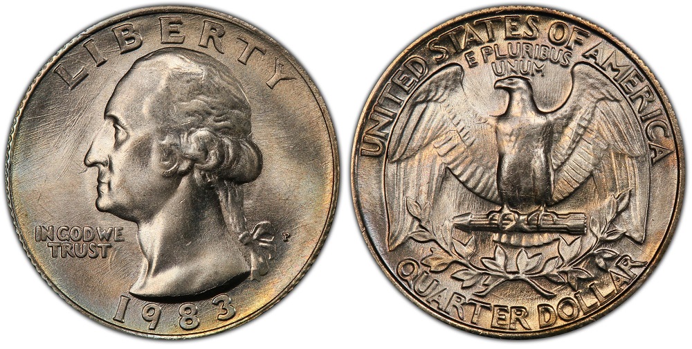 1983-P Washington quarter obverse showing Washington portrait and P mint mark above date, and eagle reverse design