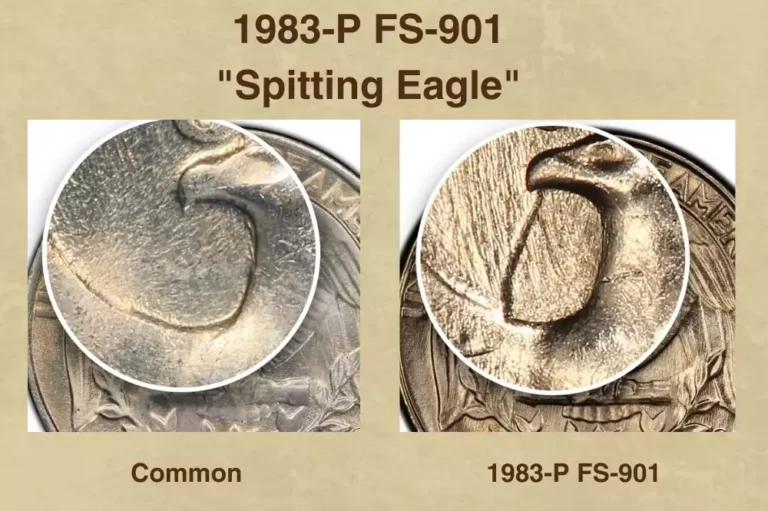 Spitting Eagle FS-901 comparison: standard 1983-P quarter with clean eagle beak versus genuine FS-901 showing raised diagonal clash line from beak