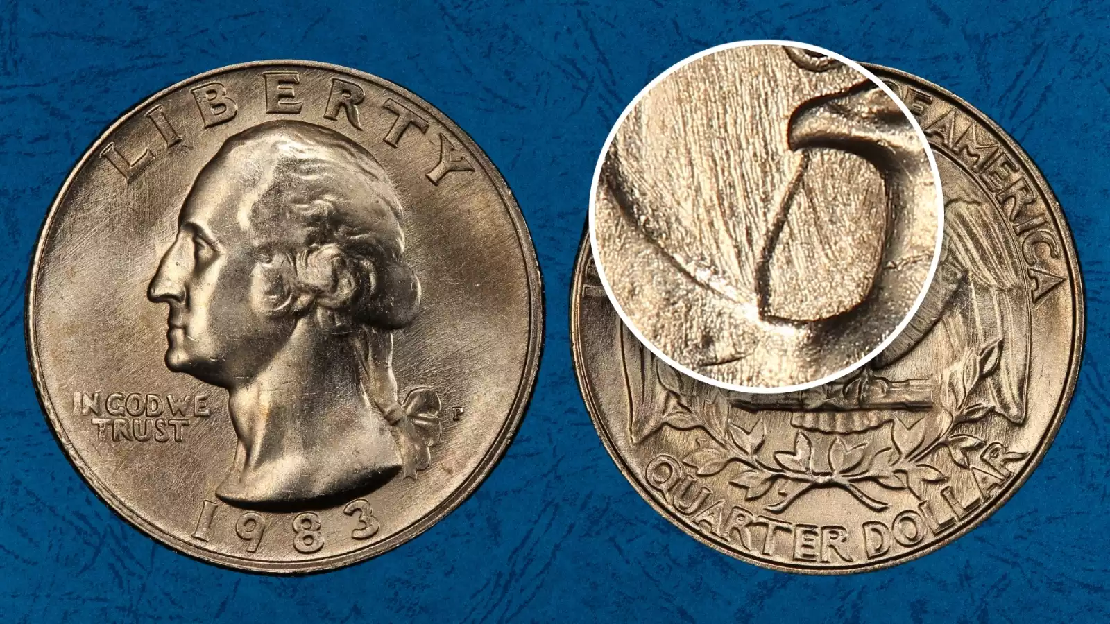 1983-P Spitting Eagle FS-901 macro showing the raised diagonal die clash line projecting from the eagle's beak on the quarter reverse