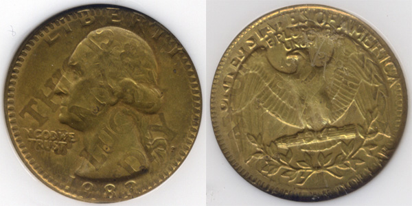 1983-P quarter amusement token overstrike showing Washington design stamped over THIS IS MY LUCKY DAY token with distinctive brassy golden patina