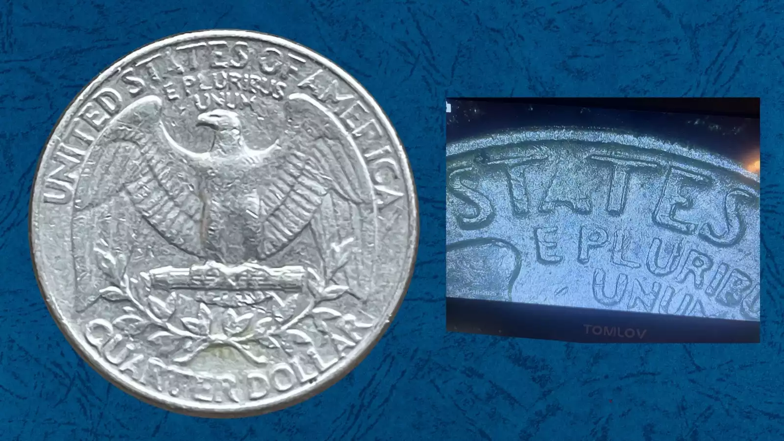 1983 Washington quarter doubled die reverse DDR showing additive doubled lettering in QUARTER DOLLAR or E PLURIBUS UNUM text under magnification