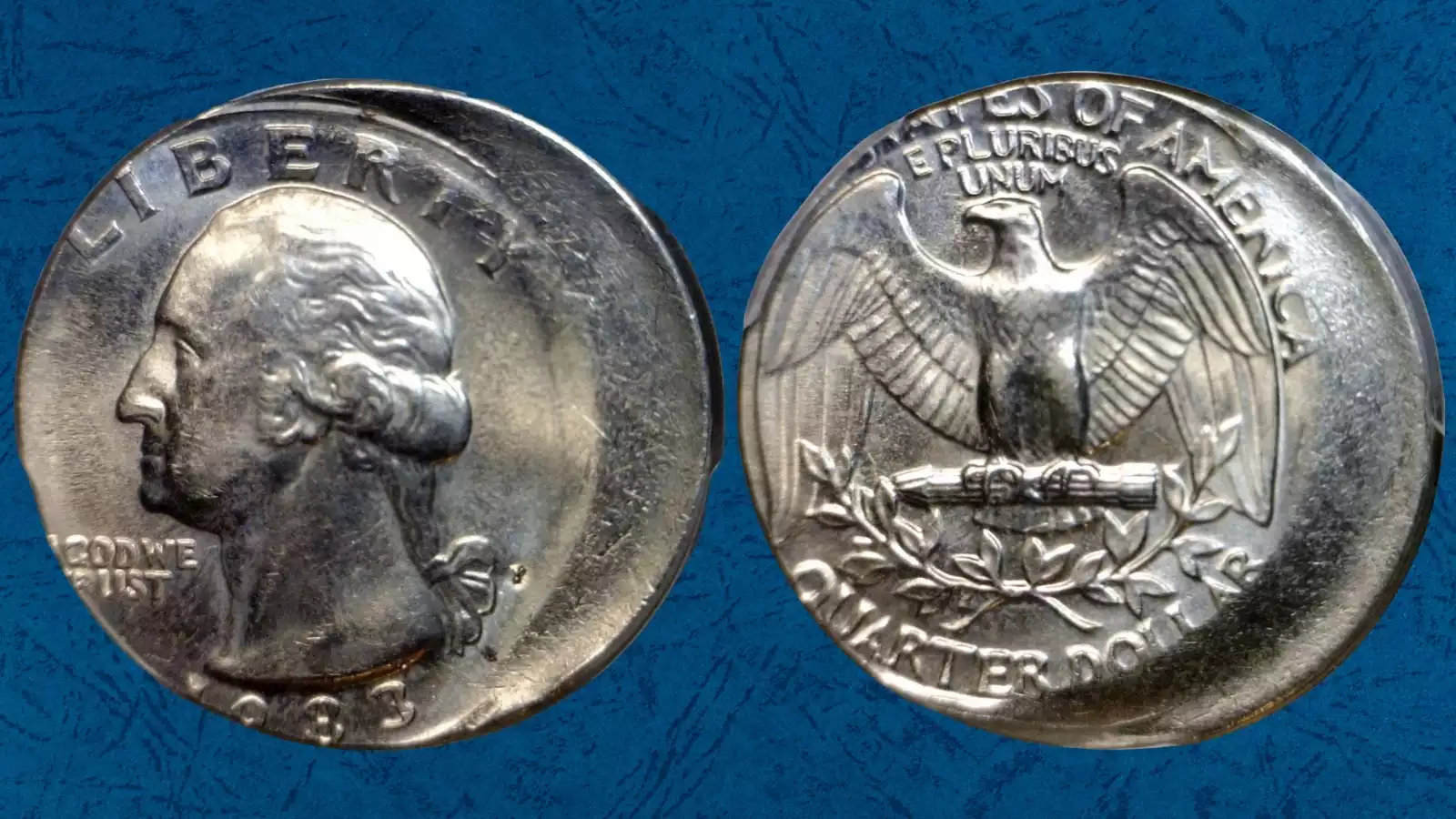 1983 Washington quarter off-center strike showing approximately 40 percent shift with crescent blank area and visible 1983 date on struck portion