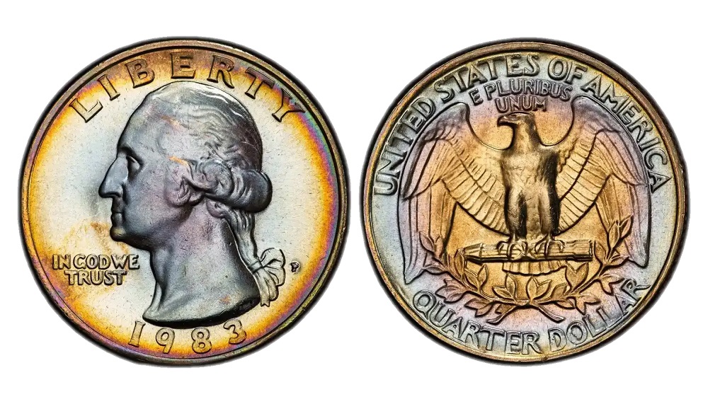 1983 Washington quarter grading strip showing four condition tiers: worn circulated, AU near-mint, uncirculated MS63, and gem MS65 with full cartwheel luster